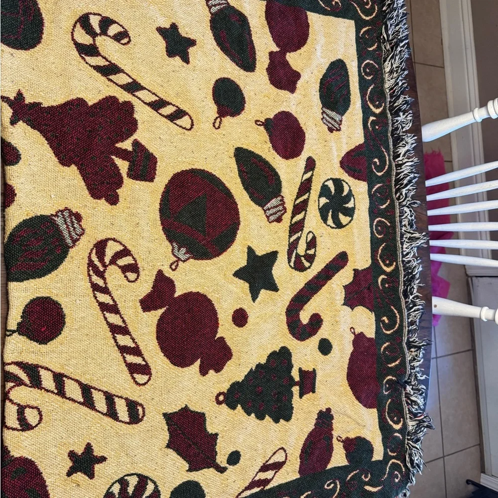 Festive Cream Holiday Throw Blanket with Red & Green Ornaments